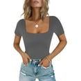 thumbnail image 1 of Women's Sexy Square Neck Short Sleeve Bodysuit Tops Double Lined Thong Bodysuit, 1 of 2