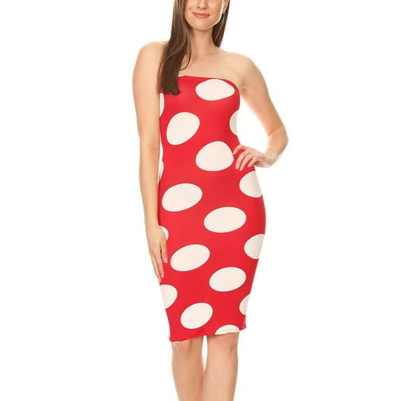Women's Sexy Strapless Slim Fit Polka Dot Pattern Tube Top Bodycon Mini Midi Dress