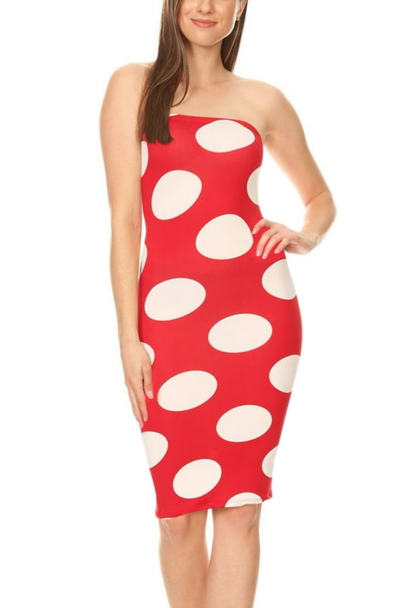 Women's Sexy Strapless Slim Fit Polka Dot Pattern Tube Top Bodycon Mini Midi Dress