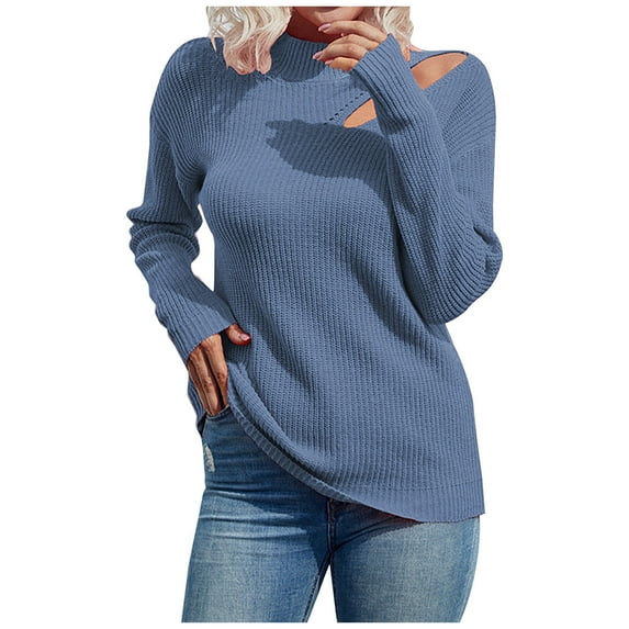 Women's Sexy Sweaters Cut Out Shoulder Long Sleeve Mock Neck Tops Casual Relaxed-Fit Knitted Pullover Knitwear