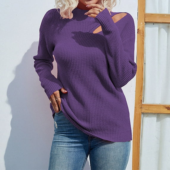 Women's Sexy Sweaters Cut Out Shoulder Long Sleeve Mock Neck Tops Casual Relaxed-Fit Knitted Pullover Knitwear