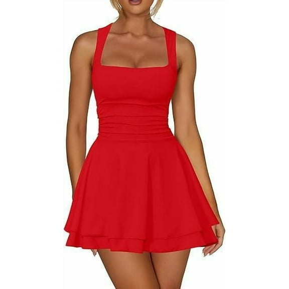 Women's Sexy Tank Sleeveless Square Neck Mini Dress Ruffle Tight Short Cocktail Dress Stretch Elegant Bodycon Party Dress