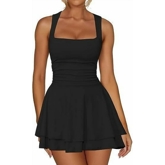 Women's Sexy Tank Sleeveless Square Neck Mini Dress Ruffle Tight Short Cocktail Dress Stretch Elegant Bodycon Party Dress
