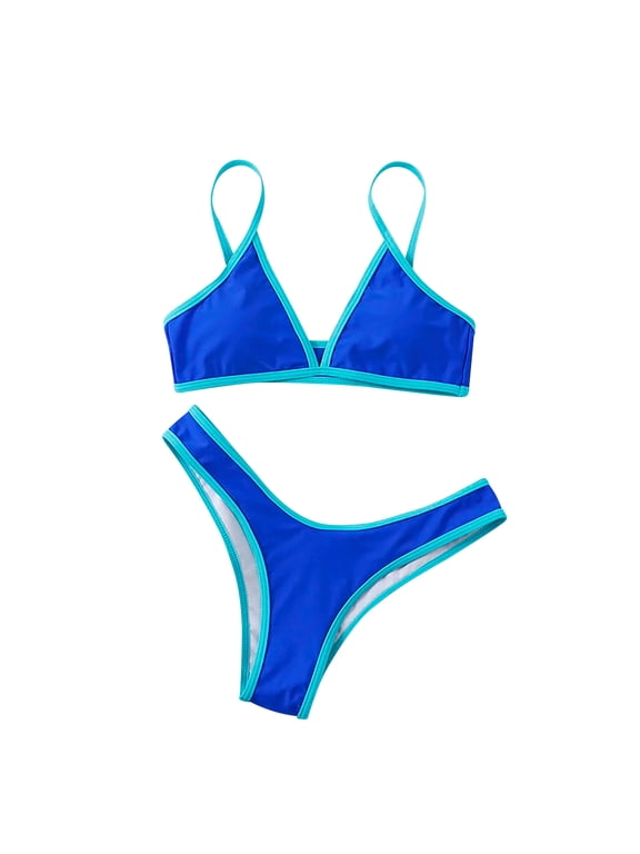 Women's Sexy Two Piece Bikini Set Adjustable String Bathing Suit Cheeky Color Block High Cut Triangle Swimsuit