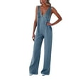 thumbnail image 1 of Women's Sexy V Neck Backless Denim Jumpsuit Sleeveless Washed Romper Casual Summer Outfit Fashion Trendy Comfortable Stylish, 1 of 2
