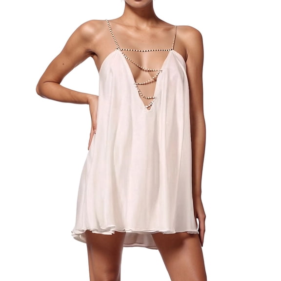 Women's Sexy V Neck Backless Spaghetti Strap Silk Dress With Rhinestones A Line Casual Party Summer Dress