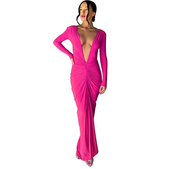 Women's Sexy V Neck Bodycon Dress Elegant Formal Gown Pleated Detail Long Sleeves Slim Fit Evening Party Wear