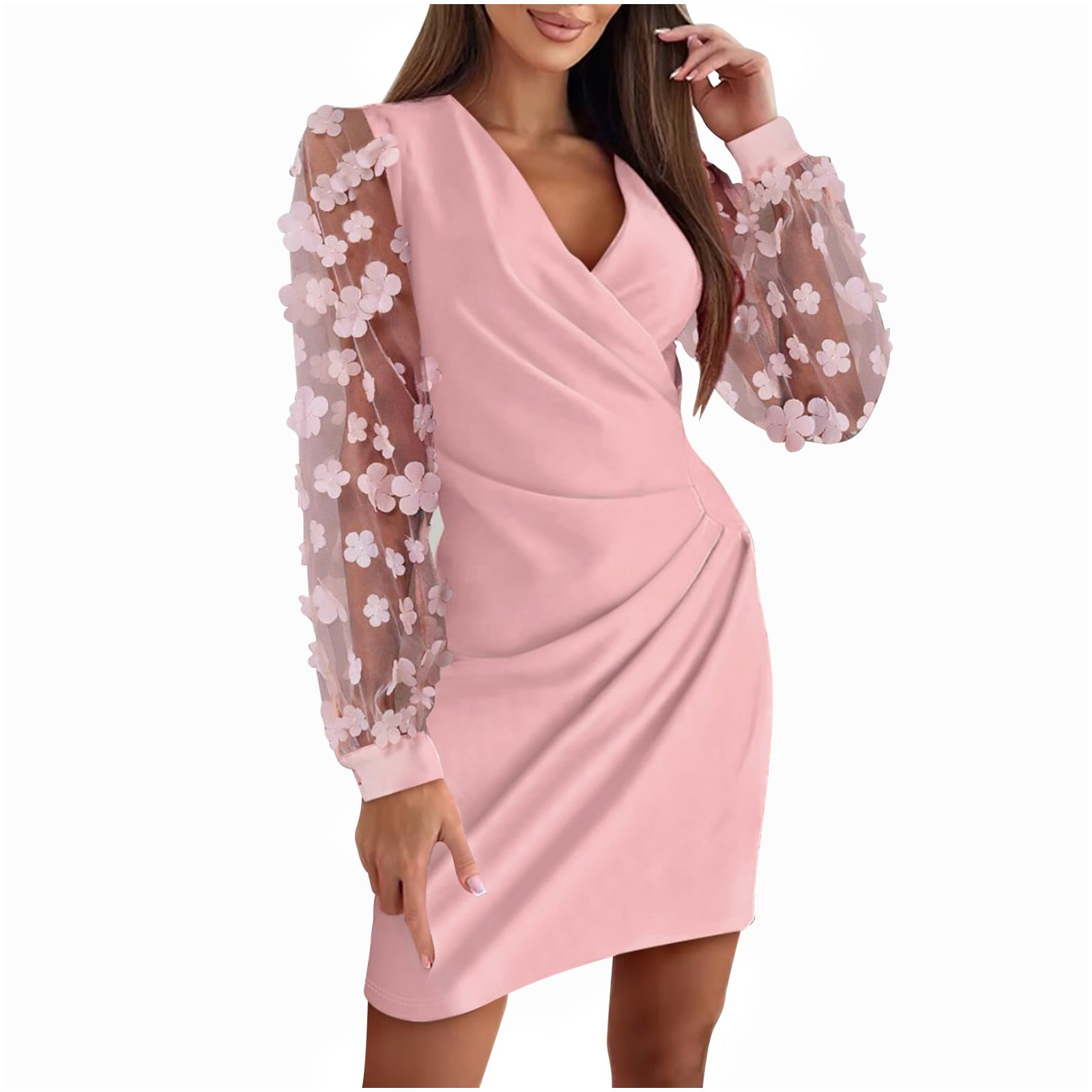 Women's Sexy V Neck Bodycon Mini Dress Floral Mesh Long Sleeve Dresses