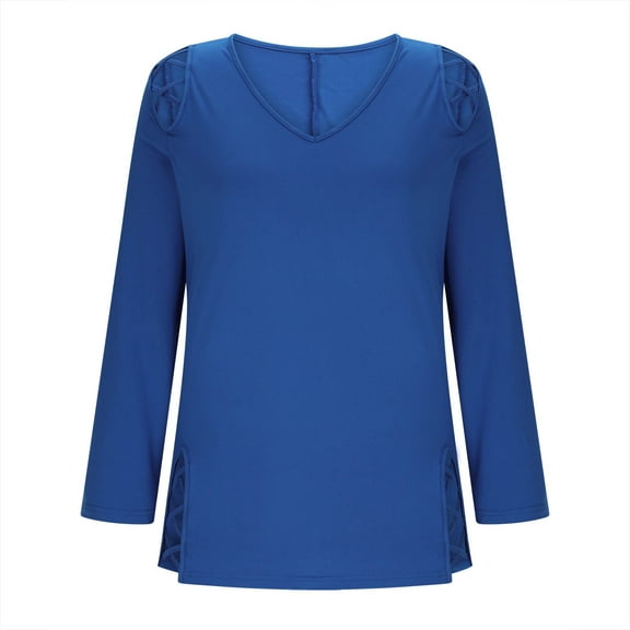 Women's Sexy V-Neck Criss Cross Cold Shoulder Long Sleeve Blouse Shirt Slim Lace-Up Stretchy T-Shirt Top Blue XXL