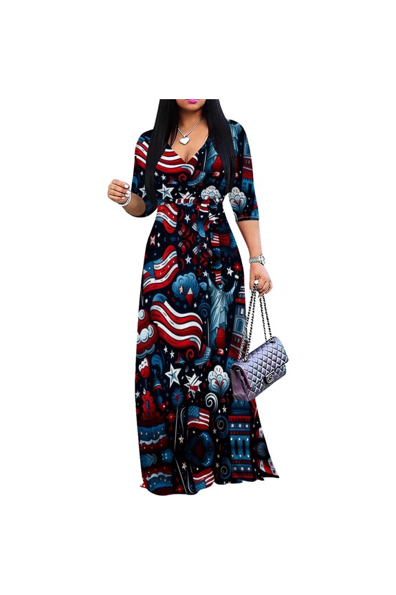 Women's Sexy V Neck Floral Long Sleeves Maxi Dresses Casual Loose Party Prom Ladies Outfits Chic Curvy Elegant Outwear Vestidos