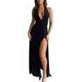 thumbnail image 1 of Women's Sexy V Neck Halter Backless Maxi Dress Ruched High Split Long Bodycon Dresses for Party Cocktail Evening, 1 of 7