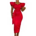 thumbnail image 1 of Women's Sexy V Neck Vintage Warp Ruffle Ruched Bodycon Cocktail Party Midi Dress, 1 of 5
