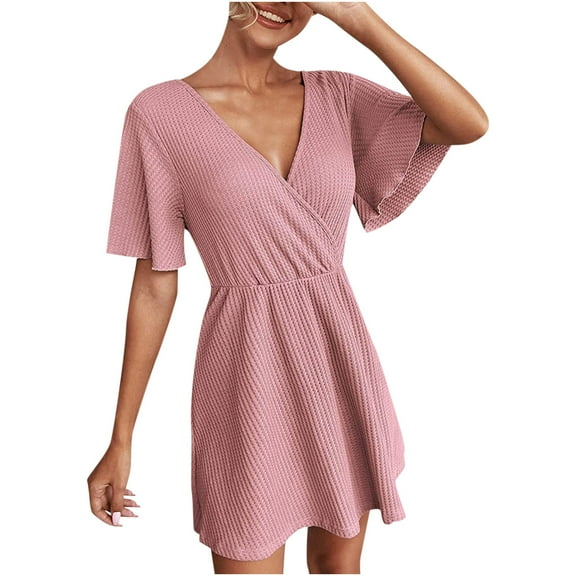 Women's Sexy V Neck Wrap Dress Casual Flutter Sleeves V Neck Flowy Dress Summer Knit Comfy Swing Skater House Dresses