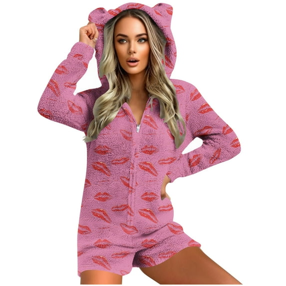 Women's Sexy Valentine Fluffy Adult Onesie Sleepwear Zip Up One Piece Pajamas Fuzzy Plush Rompers Shorts with Hood