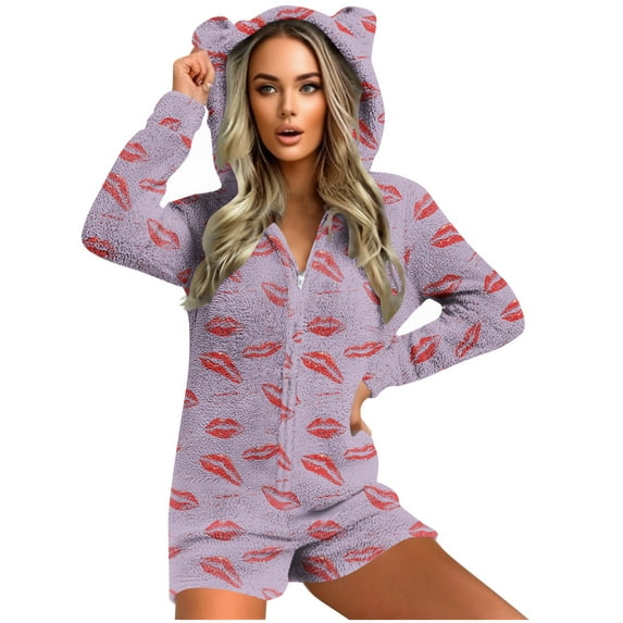 Women's Sexy Valentine Fluffy Adult Onesie Sleepwear Zip Up One Piece Pajamas Fuzzy Plush Rompers Shorts with Hood