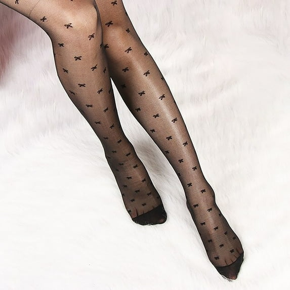 Women's Sexy Vintage Fake Stockings with Bowknot Print Thin Mesh Pantyhose Sheer Tights for Fashion Everyday Wear Black