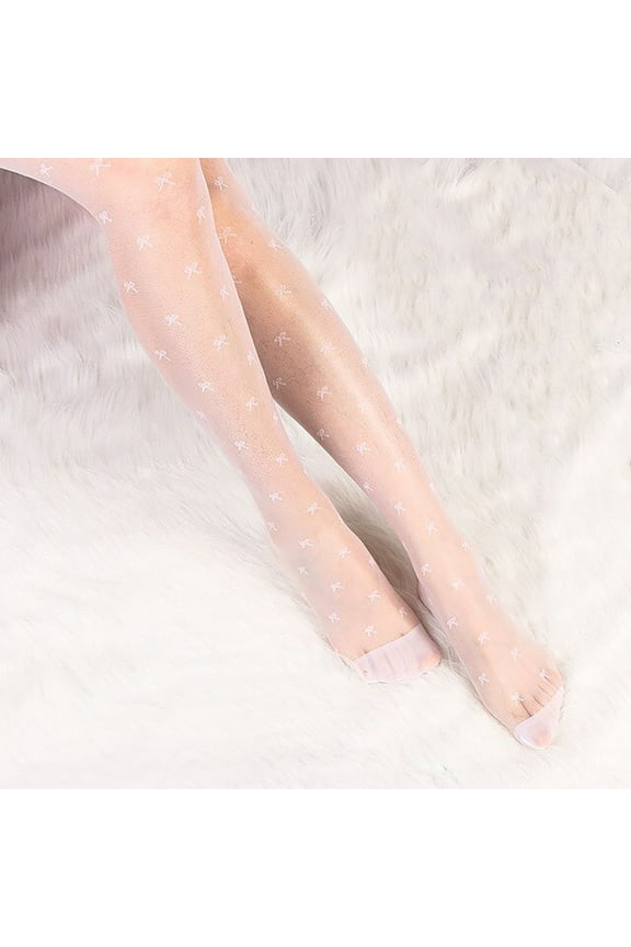 Women's Sexy Vintage Fake Stockings with Bowknot Print Thin Mesh Pantyhose Sheer Tights for Fashion Everyday Wear White
