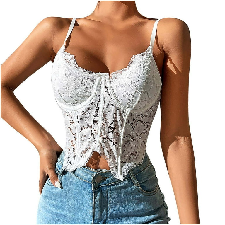 Women's Sexy White Lace Patchwork Crop Spaghetti Strap Cami Tank Tops with  Bra Fashion See-through Lace Beach Party Vests