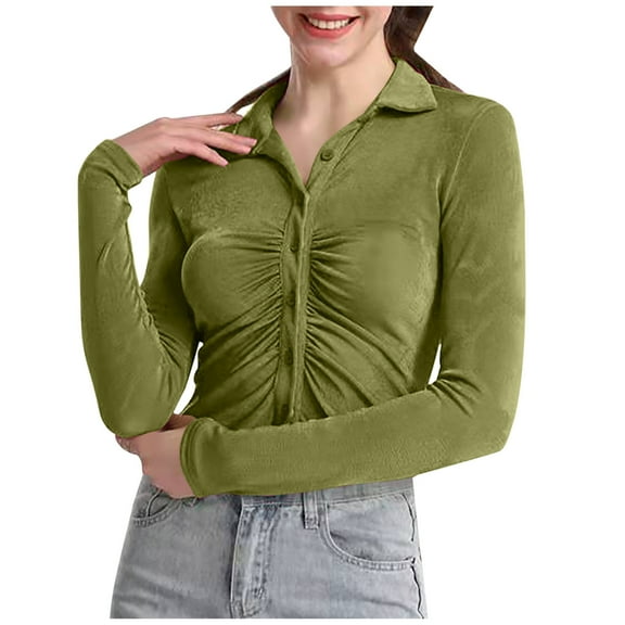 Women's Sexy Y2K Crop Top Ruched Buttons Down Collar Short Blouse Tshirt Long Sleeve Slim Fit Tee Shirts Cardigan