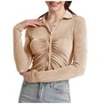 thumbnail image 1 of Women's Sexy Y2K Crop Top Ruched Buttons Down Collar Short Blouse Tshirt Long Sleeve Slim Fit Tee Shirts Cardigan, 1 of 5