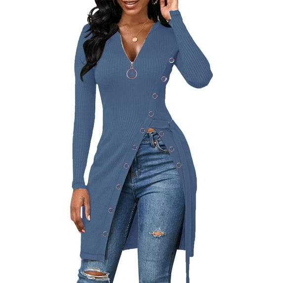 Women's Sexy Zip Up V Neck Long Sleeve Side Split Asymmetrical Hem Longline Tunic Blouse Top