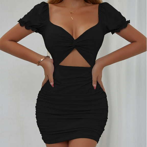 New Women's Sexy and Fashionable Hollow Out Pleated Bubble Sleeve Wrapped Hip Dress