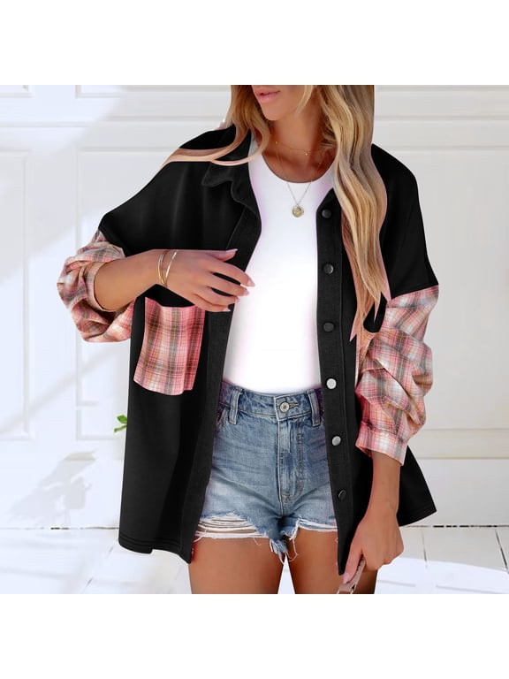 Women's Shacket Jacket Oversized Long Sleeve Plaid Patchwork Dressy Shirts Casual Boyfriend Button Down Collared Blouse Jackets Coats