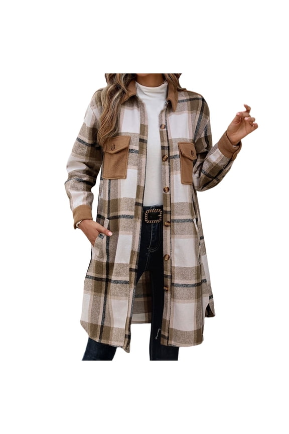 Women's Shacket Jacket Plaid Coffee Winter Mid-Length Woolen Retro Brushed Long Sleeve Cardigan Coat XL