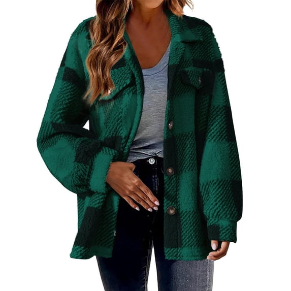 Women's Shacket Jacket Plaid Green Fall And Winter Straight Cardigan Button Pocket Jacket 3XL