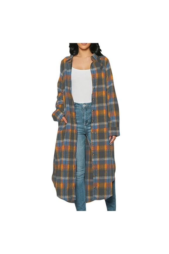 Women's Shacket Jacket Plaid Orange Long Casual Loose Checkered Button Pocket Long Sleeved Long Sleeved Hooded Casual Jacket 2XL
