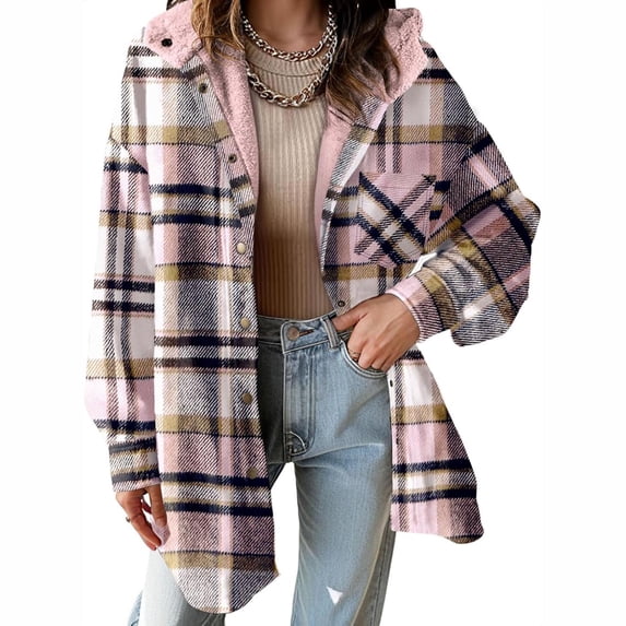 Women's Shacket Jacket Plaid Pink Fall And Winter Lattice Splice Pocket Buttons Long Sleeve Casual Hooded Outwears Coats L