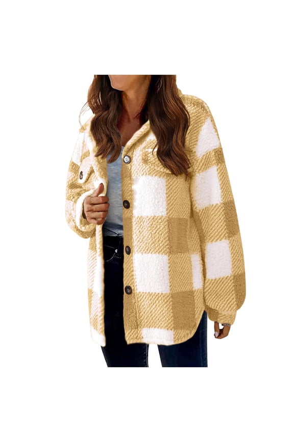 Women's Shacket Jacket Plaid Yellow Fall And Winter Straight Cardigan Button Pocket Coats 4XL