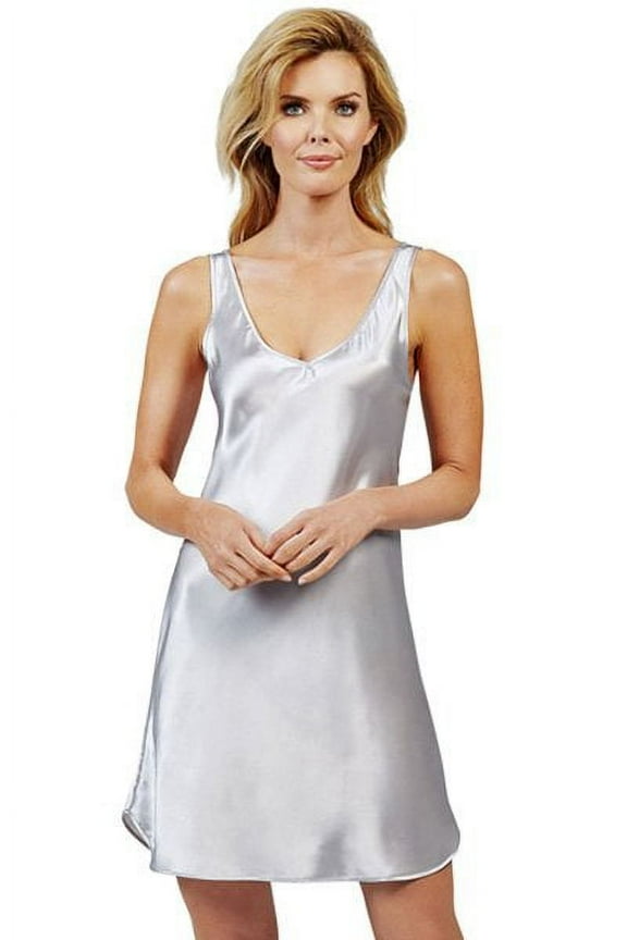 Women's Shadowline 27091 Satin Essentials Wide Strap 34 Inch Chemise (Silver L)