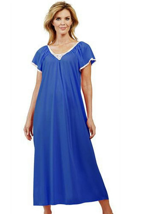 Women's Shadowline 32123 Cameo Nylon Tricot Short Sleeve Long Gown (Navy XL)