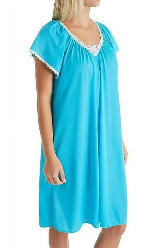 Women's Shadowline 36123 Cameo Nylon Tricot Short Sleeve 40 Inch Waltz Gown (Turquoise S)