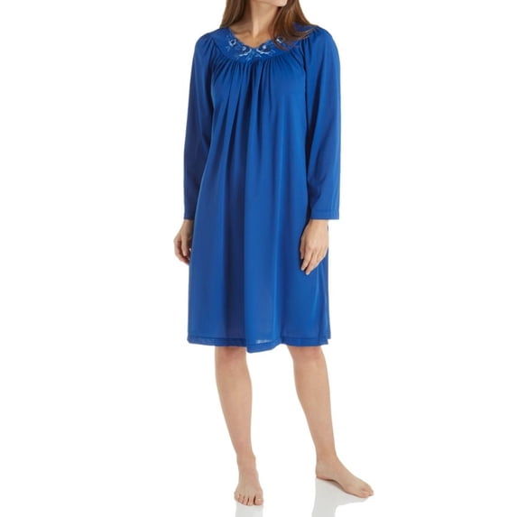 Women's Shadowline 38280 Petals Long Sleeve Short Gown (Navy 1X)