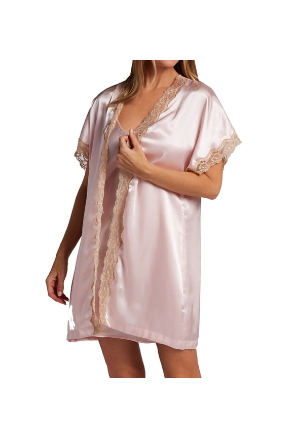 Women's Shadowline 4511 Charming Lace Trim Satin Robe (Blush L/XL)