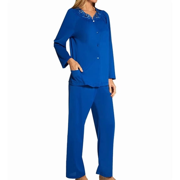 Women's Shadowline 76283 Petals Long Sleeve Pajama Set (Navy S)
