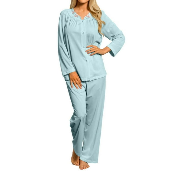 Women's Shadowline 76283 Petals Long Sleeve Pajama Set (SeaFoam S)