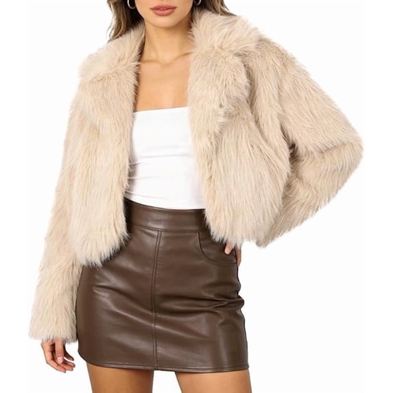 Women's Shaggy Faux Fur Cropped Coat Long Sleeve Notch Collar Short Fluffy Outerwear with Side Pockets 100% Polyester Winter Fashion Fur Jacket