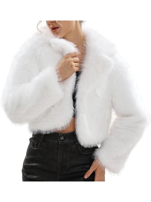 Women's Shaggy Faux Fur Cropped Coat Long Sleeve Notch Collar Short Fluffy Outerwear with Side Pockets 100% Polyester Winter Fashion Fur Jacket