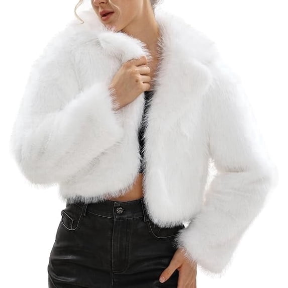 Women's Shaggy Faux Fur Cropped Coat Long Sleeve Notch Collar Short Fluffy Outerwear with Side Pockets 100% Polyester Winter Fashion Fur Jacket