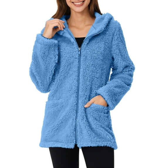 Women's Shaggy Fleece Hoodie Full Zip Up Jackets with Pockets Long Sleeve Warm Lightweight Sweater Coat Fall Winter (L, Blue 01)