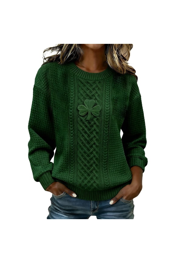 Women's Shamrock Oversized Knit Pullover Sweater Casual Long Sleeve Crewneck Top Comfortable Cozy Winter Fall Yarn