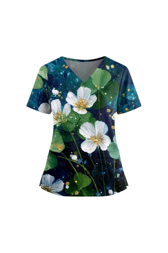 Women's Shamrock Print Scrub Top - St. Patrick's Day V-Neck Short Sleeve Medical Workwear with Pockets Blue 4XL