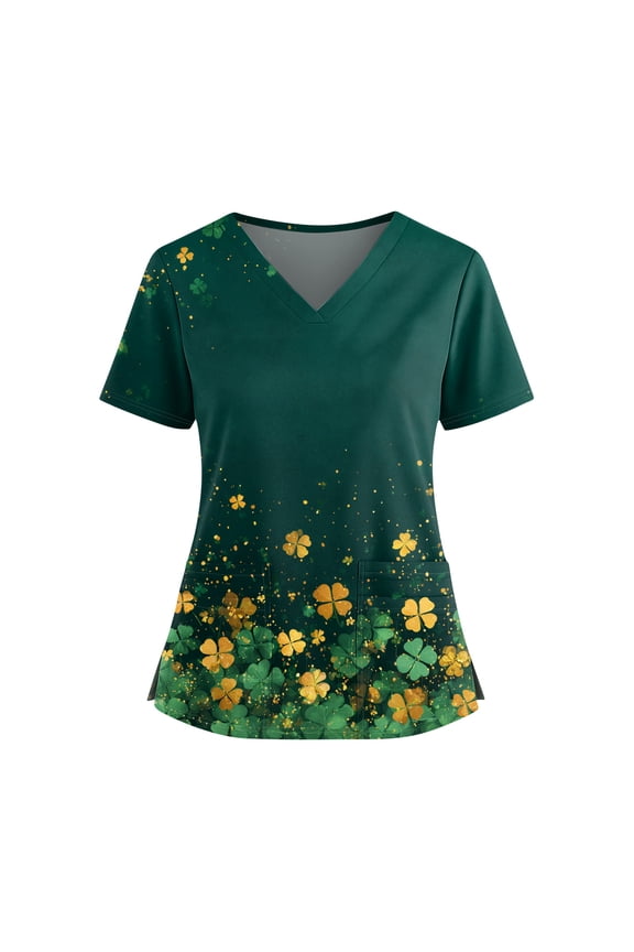 Women's Shamrock Print Scrub Top - St. Patrick's Day V-Neck Short Sleeve Medical Workwear with Pockets Light Green M