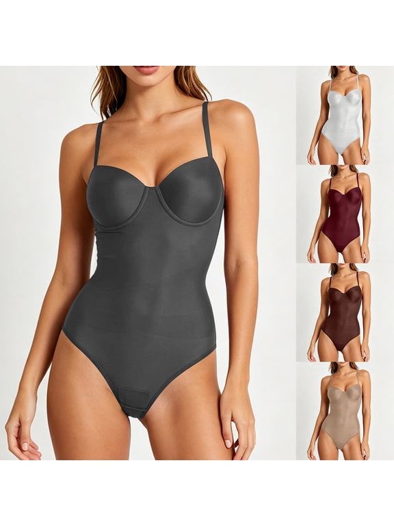 Women's Shapewear Bodysuit Tummy Control Seamless Waist Sculpting Body Shaper Spaghetti Strap Thong Body Suit Coffee XS