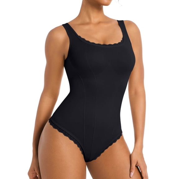 Women's Shapewear Bodysuits Wide Straps Scoop Neck Seamless Shapewear Tummy Control Jumpsuit Black S