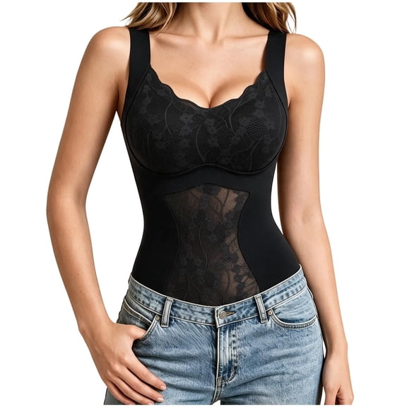 Women's Shapewear Tank Top, Built-in Bra Camisole, Tummy Control Cami, Lace Trim Shaping Vest, Wide Strap Body Shaper, Seamless Layering Top