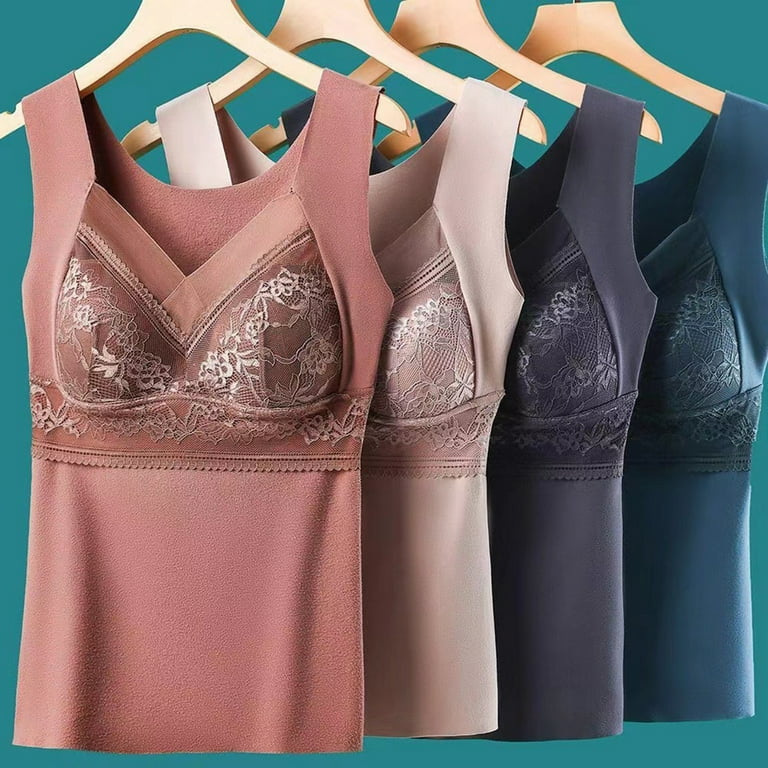 Women's Shapewear Tank Top Thermal Underwear Tops for Women Fleece Lined  Lace V Neck Camisoles with Built-in Bra